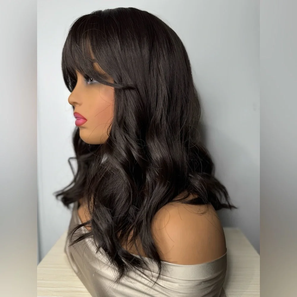 14” Dark Brown Wavy Synthetic Wig with Bangs – Natural Look, Classic Cap